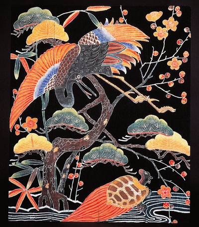 Kraniche und Langschwanzschildkröte (tsurugame) Detail von Kimonostoff mit glückverheißenden Motiven, japanische Zivilisation, Edo-Zeit von Culture Edo