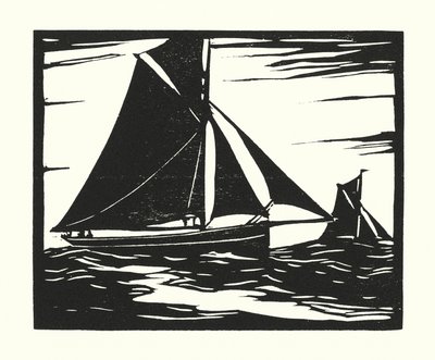 Fischerboote und Lastkähne: Plymouth Long Boomer (Holzschnitt) von Cyril A. Wilkinson