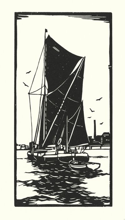 Fischerboote und Lastkähne: Thames Barge (Holzschnitt) von Cyril A. Wilkinson