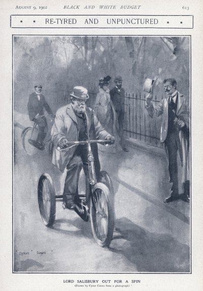 Englischer konservativer Politiker und Premierminister Lord Salisbury fährt Dreirad (Lithografie) von Cyrus Cuneo