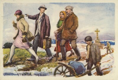 Menschen, die in einer verschneiten Landschaft spazieren von Czech School