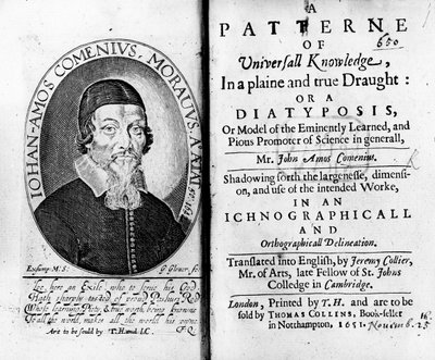 Titelseite und Frontispiz zu A Patterne of Universall Knowledge, einschließlich eines Porträts von Jan Amos Komensky, graviert von George Glover, 1651 von Czech School