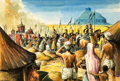 Indische Ureinwohner beobachten, wie eine Prozession von Elefanten und Soldaten sich einer Festung nähert von Dan Escott