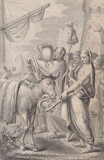 Figuren rechts in der Nähe eines Schiffes, einige halten Tiere über ihren Köpfen, ein Pferd links, 1783 von Daniel Berger