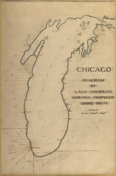 Tafel 35 aus Plan von Chicago 1909: Chicago und Diagramm des Michigansees. Vorgeschlagene Straße... von Daniel Burnham
