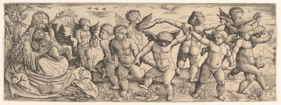 Jungfrau und Kind mit tanzenden Engeln in einer Landschaft (1530er Jahre) von Daniel Hopfer
