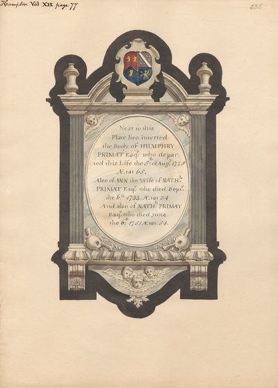Gedenkstätte für Humphry Primat, Nathaniel und Ann Primat aus der Kirche von Hampton von Daniel Lysons
