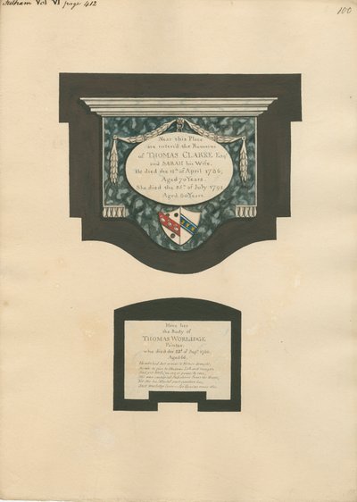 Gedenkstätte für Thomas Clarke und seine Frau Sarah und Thomas Worlidge aus der Kirche von Fulham von Daniel Lysons