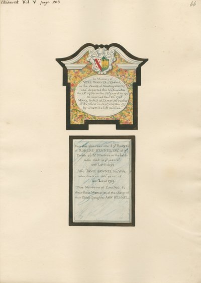 Denkmal für Vere Warner sowie Robert und Jane Kennel aus der Kirche von Chiswick von Daniel Lysons