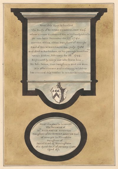Denkmäler für Richard Cumberland und Mrs. Elizabeth Mosteyn aus der Hampton Kirche von Daniel Lysons