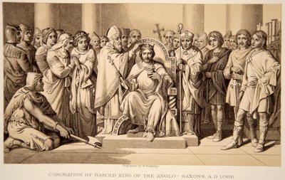 Krönung von Harold II. im Jahr 1066, graviert von W. Ridgeway von Daniel Maclise