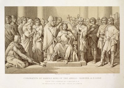 Krönung von Harold, König der Angelsachsen, graviert von W. Ridgeway von Daniel Maclise