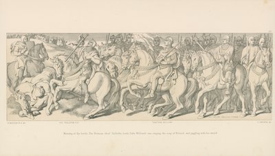 Morgen der Schlacht. Der normannische Häuptling Taillefer führt das Heer von Herzog Wilhelm an, singt das Lied von Roland und jongliert mit seinem Schwert von Daniel Maclise
