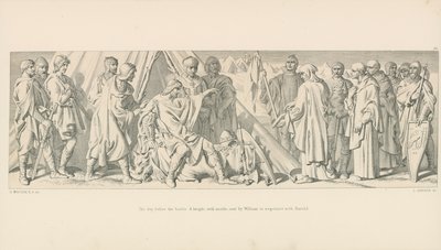 Der Tag vor der Schlacht. Ein Ritter mit Mönchen, von Wilhelm gesandt, um mit Harold zu verhandeln von Daniel Maclise