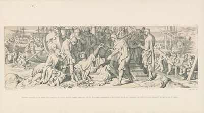 William stolpert bei der Landung, aber ergreift die Erde mit seiner Hand und ruft aus, dass er so den englischen Boden in Besitz nimmt, und beruhigt so seine Anhänger, die seinen Sturz als schlechtes Omen betrachteten von Daniel Maclise