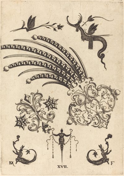 Zwei Broschen mit Drachen und Insekten oben und Menschen mit schlangenartigen Schwänzen unten von Daniel Mignot