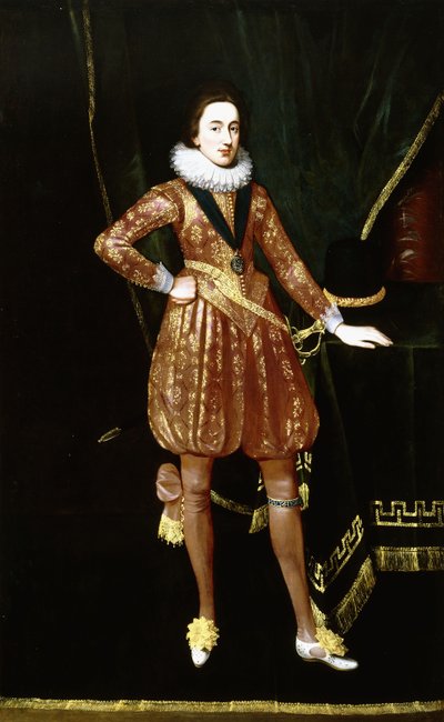 Porträt von König Karl I. als Prinz von Wales, in voller Länge, vor einem grünen Samtvorhang, mit dem Orden des Heiligen Georg, einem goldbestickten Wams und Kniehosen, seine linke Hand ruht neben seinem Hut auf einem Tisch von Daniel Mytens