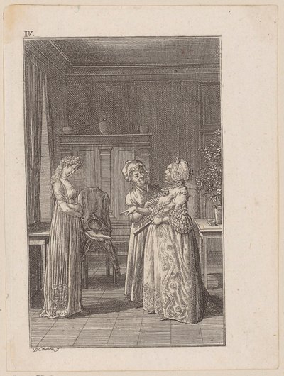 Adolphine, fertig angekleidet, belächelt das altmodische Kleid der Mutter, Blatt 4 zur Erzählung „Die Angebinde“ von Daniel Nikolaus Chodowiecki