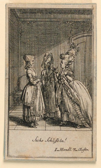 Eine ältere Frau schimpft ein Mädchen, Illustration des Stücks Nicht mehr als sechs Schüsseln von Friedrich Wilhelm Grossmann in Königlich: Großbritannischer Genealogischer Kalender auf das Jahr 1782 Lauenberg bei J.G. Berenberg von Daniel Nikolaus Chodowiecki