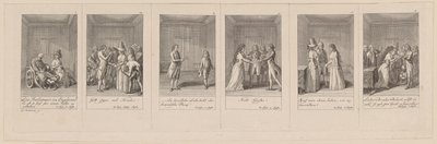 Blätter 1, 12, 3, 10, 5 und 8 von 12 zu Aug. von Kotzebues "Die Indianer in England" von Daniel Nikolaus Chodowiecki