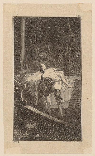 Bunkel trägt Miss Melmoth aus der überschwemmten Kajüte ans Deck, Blatt 2 aus "Leben Bemerkungen und Meinungen Johann Bunkels" von Daniel Nikolaus Chodowiecki