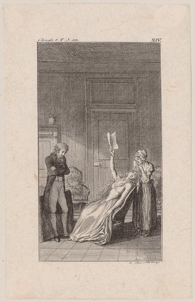 Clarisse zwischen Wahnsinn und Besonnenheit mit Lovelaces falschem Trauschein in der Hand auf dem Stuhl zusammengesunken von Daniel Nikolaus Chodowiecki