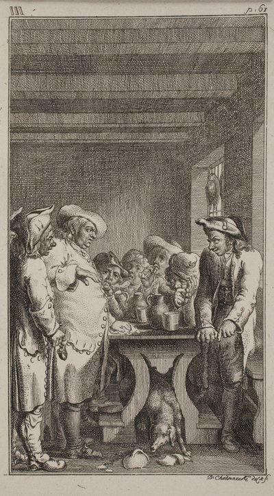 Des Scherers Hund leckt das gefärbte Wasser aus einem zerbrochenen Gefäß unter dem Tisch, um den 4 Bauern sitzen und 3 stehen, die Tabak rauchen und trinken. ob. III, S. 61. von Daniel Nikolaus Chodowiecki