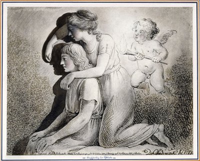 Die Erfindung der Zeichenkunst: Ein Mädchen zeichnet, von Amor angefeuert, die Silhouette eines links vor ihr sitzenden Jünglings an die Wand von Daniel Nikolaus Chodowiecki