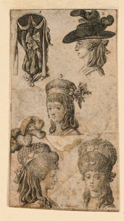 Fünf Kopfbedeckungen für Frauen, zwei Fragmente von Illustrationen für "Königl: Grosbrit[anische] Genealogischer Kalender auf das Jahr 1781 Lauenberg bei J.G. Berenberg" von Daniel Nikolaus Chodowiecki