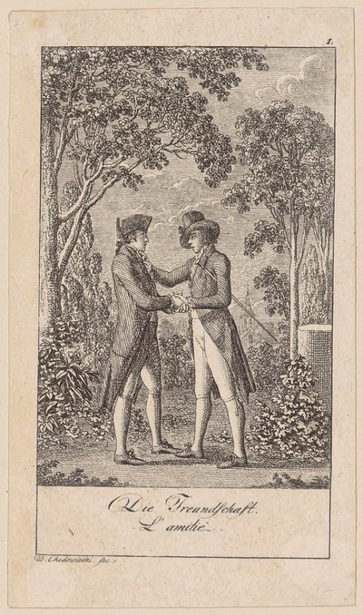 Freundschaft, Blatt 1 der Folge „Aufrichtigkeit und Heuchelei“ von Daniel Nikolaus Chodowiecki
