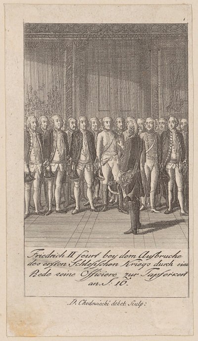 Friedrich II feuert bei Ausbruch des ersten Schlesischen Kriegs durch eine Rede seine Offiziere zur Tapferkeit an von Daniel Nikolaus Chodowiecki