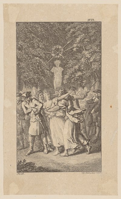 Miss Wests Entführung während eines Schäferspiels von Molière in einem Wäldchen, Blatt 15 aus "Leben Bemerkungen und Meinungen Johann Bunkels" von Daniel Nikolaus Chodowiecki