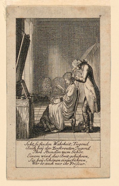 Die Frisur, Illustration für "Königl: Grosbrit [anische] Genealogischer Kalender auf das 1780 Jahr Lauenberg bei J.G. Berenberg" von Daniel Nikolaus Chodowiecki