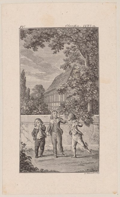 Vorstellung der Anna Howe von ihrem Liebhaber und dem ihrer Freundin als Kinder [Lovelace, Hikmann und Solmes] von Daniel Nikolaus Chodowiecki