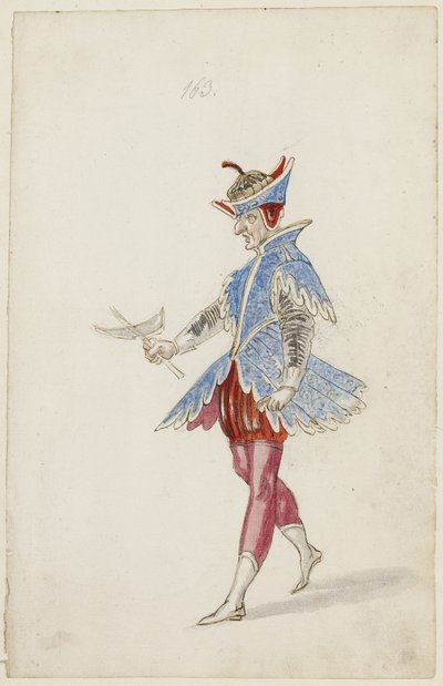Männliche Figur in blau-rotem Kostüm aus dem Ballet des quatre saisons de l