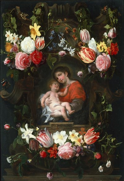 Blumengirlande mit Madonna und Kind, erstes Drittel des 17. Jahrhunderts von Daniel Seghers