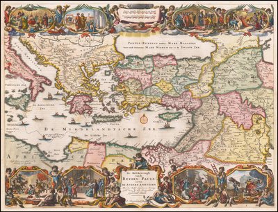 1695 niederländische Karte des östlichen Mittelmeers mit den Reisen des Heiligen Paulus von Daniël Stopendaal