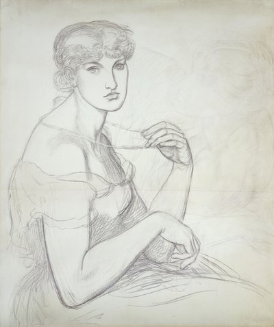 Eine sitzende Frau, die eine Halskette hält, rechts eine weitere weibliche Figur von Dante Gabriel Charles Rossetti
