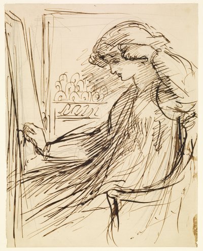 Frau, die an einem Stickrahmen oder Staffelei sitzt von Dante Gabriel Rossetti