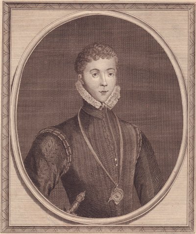 Porträt von Henry Stuart, Lord Darnley (1545-1567), Königsgemahl von Schottland, Kupferstich von John Goldar (1729-1795) nach einem Gemälde von Lucas de Heere von John Ward Dunsmore