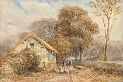 Ein Reisender zu Pferd, mit einem Schäfer und seinen Schafen, bei einer Scheune, auf einer Landstraße von David Cox