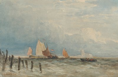 Niederländische Fischkutter vor der Küste, mit Grote Kerk, Dordrecht in der Ferne von David Cox