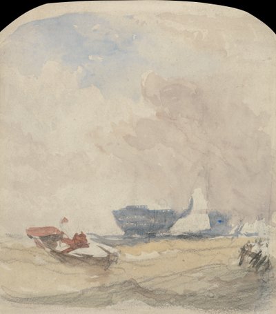 Seestudie mit Hulk, Segelboot und Ruderboot von David Cox
