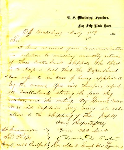 Brief von David D. Porter, U. S. S. Black Hawk, vor Vicksburg, an Seth Ledyard Phelps, Kommandant der U. S. S. Eastport, 9. Juli 1863 von David D. Porter