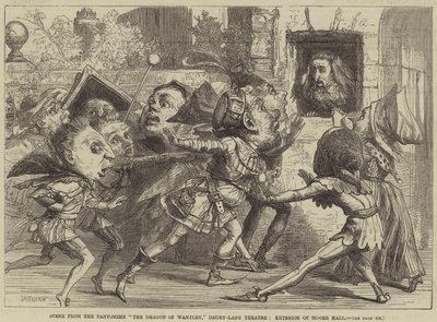 Szene aus der Pantomime Der Drache von Wantley, Drury-Lane-Theater, Außenansicht von Moore Hall von David Henry Friston