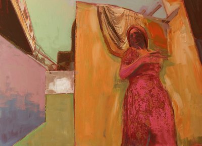 Frau im rosa Kleid, 2016, Mischtechnik auf Holztafel von David McConochie