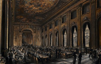 Offiziere speisen in der bemalten Halle (im Royal Hospital in Greenwich, England, für Marine-Rentner) während des Zweiten Weltkriegs (1939-1945) von David Muirhead Bone