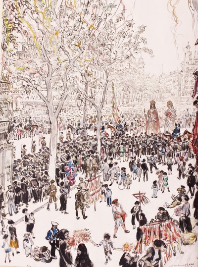 Die Flagge der Stadt und die Riesen, Fronleichnamsprozession, die Ramblas, Barcelona, 8. Juni von David Muirhead Bone