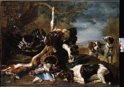 Ein Spaniel, ein Adler, ein Hase und ein Weidenkorb mit einem Eichelhäher, Finken und anderen Vögeln, überwacht von zwei Hunden, eine bergige Landschaft im Hintergrund von David de Coninck