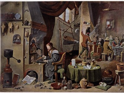 Alchemistenlabor im 17. Jahrhundert - nach dem Gemälde von David Teniers dem Jüngeren. von David the Younger (after) Teniers